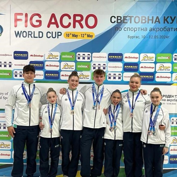 Group of gymnasts standing together in RGA kit smiling